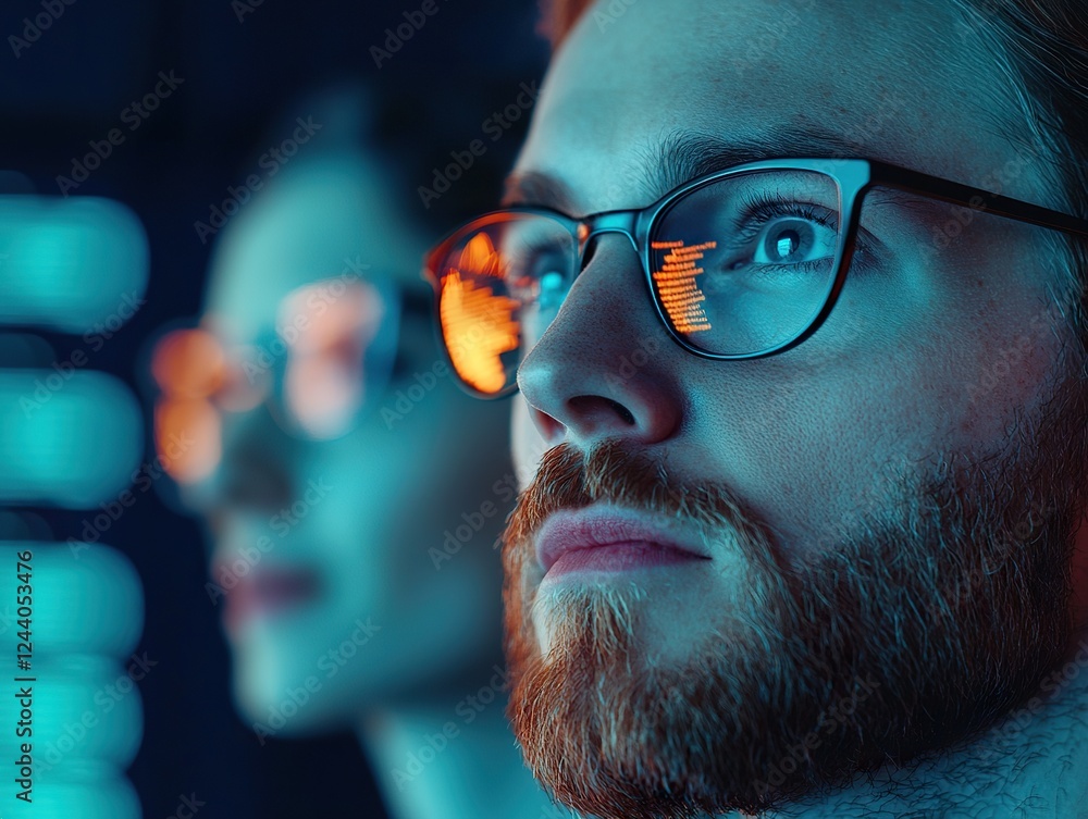 Poster data analysis session technology office digital interaction futuristic environment close-up perspect