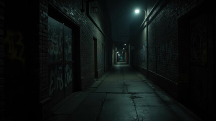 Dark and Moody Urban Alleyway with Graffiti at Nighttime