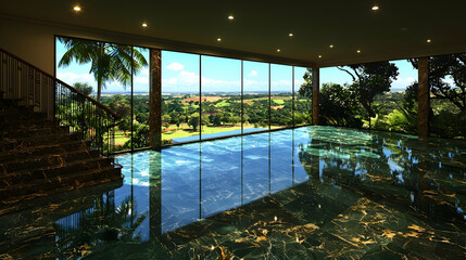 Fototapeta premium Indoor pool with scenic view, luxury home, tropical landscape