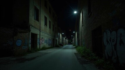 Fototapeta premium Dark Urban Alley with Graffiti and Streetlights at Nighttime