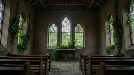 Fototapeta premium Abandoned Church Interior with Overgrown Plants and Natural Light