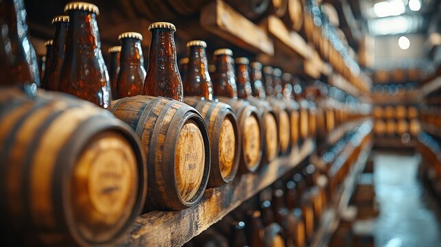 Bottles of craft beer lined up on wooden shelves in a rustic brewery with barrels in the background - Powered by Adobe