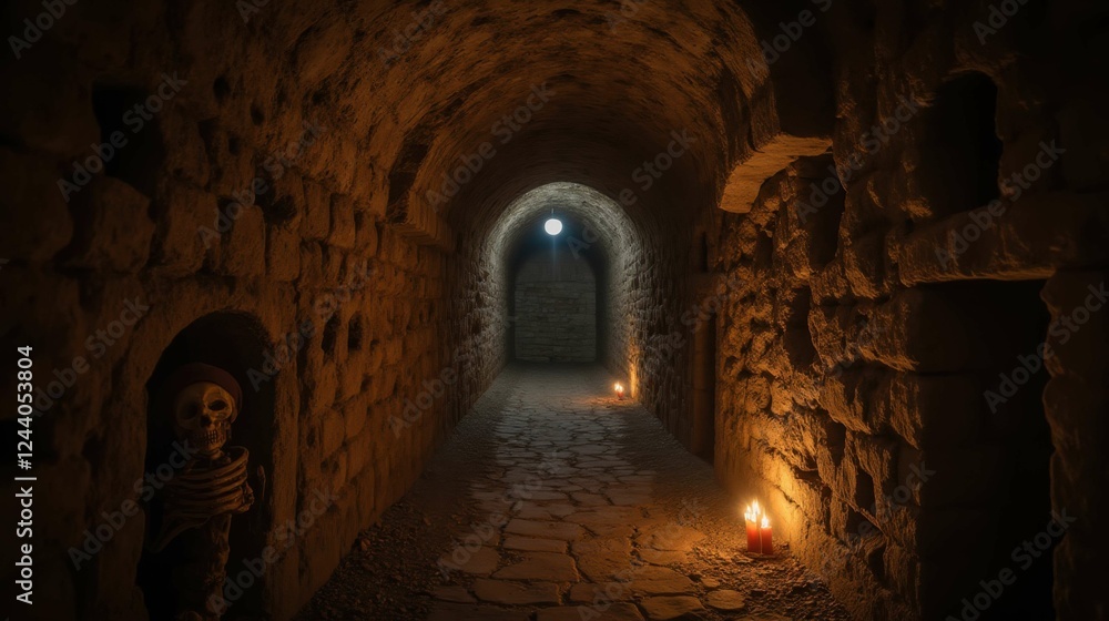 Poster dark and mysterious stone tunnel with skeleton and candles