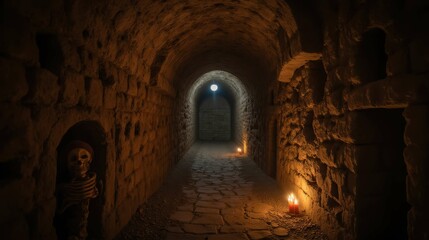 Fototapeta premium Dark and Mysterious Stone Tunnel with Skeleton and Candles