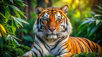 Fototapeta premium Majestic Tiger in Lush Green Foliage, a Symbol of Untamed Wild Beauty