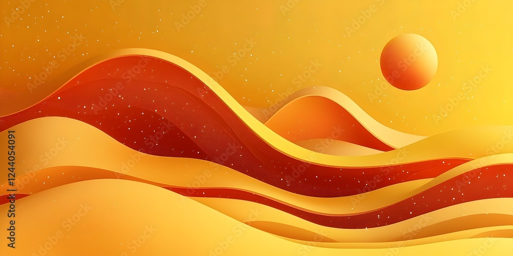 Poster an abstract landscape featuring flowing waves of warm yellows and reds, under a glowing orange sun, 