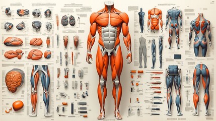 Detailed illustration of muscle groups and joint mechanics with labeled injury prevention techniques and sports therapy tools