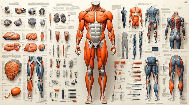 Detailed illustration of muscle groups and joint mechanics with labeled injury prevention techniques and sports therapy tools