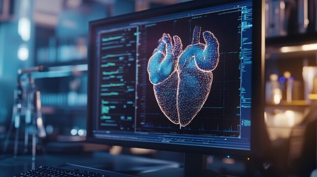 A medium closeup shot of a computer screen displaying 3D modeling software with a bioengineered heart valve being visualized. The detailed graphics illustrate the innovative design