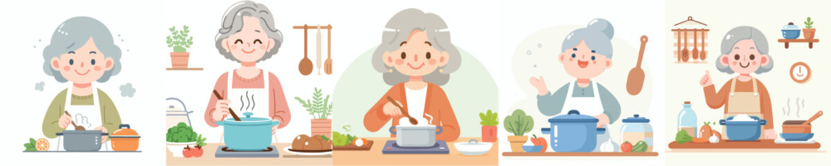 happy senior people vector set cooking