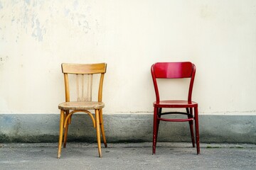 Two distinct chairs with different styles placed side by side against a textured wall in a calm setting. Generative AI