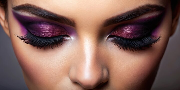 Close-up of alluring eyes with dramatic purple eyeshadow and full lashes