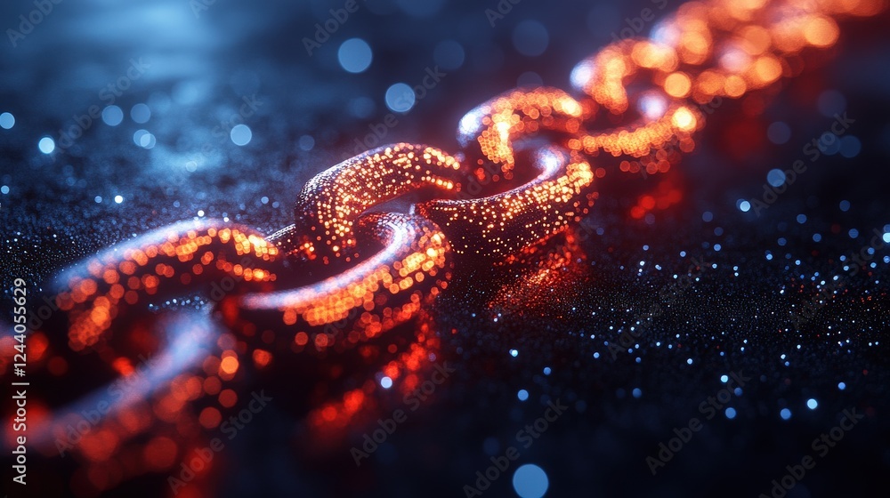 Aufkleber close-up view of a glowing chain link on a dark surface, surrounded by shimmering particles and ligh