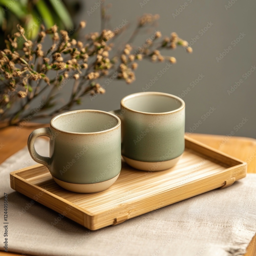Poster A simple setup with two cups of coffee and a tray on a table, perfect for a morning pick-me-up or office setting