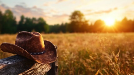 Hat placed on a wooden fence post in a green field under a clear blue sky