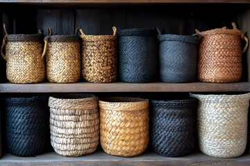 Handcrafted woven baskets displayed on wooden shelves in a rustic environment highlighting artisanal craftsmanship