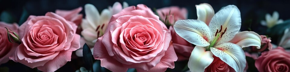 A beautiful arrangement of pink roses and white lilies in a vase