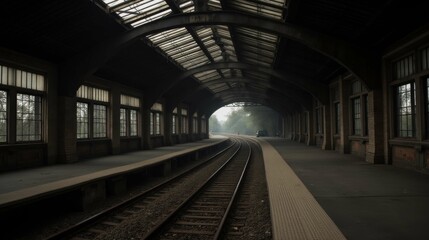 Quiet Train Station Platform with Tracks in Soft Morning Light