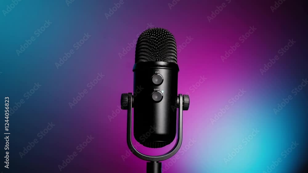 Poster black microphone stands out against a vibrant, gradient backdrop shifting slowly from pink and purpl