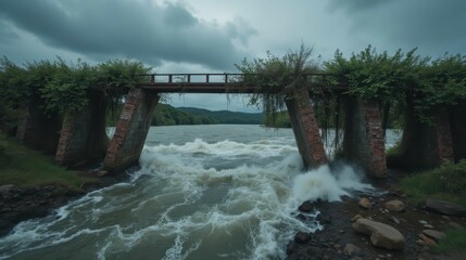 Abandoned Bridge over Turbulent River under Dramatic Cloudy Sky
