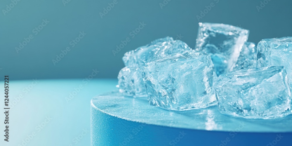 Poster a collection of ice cubes sitting on a table, perfect for use in various settings where cold beverag