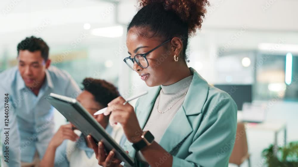 Poster Business, woman and writing with tablet in office for software update, testing code and web development. Programming, happy coder and digital app with stylus for database integration and debugging