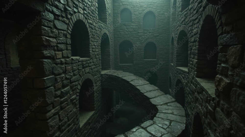 Poster mysterious stone structure with arched windows and dim lighting