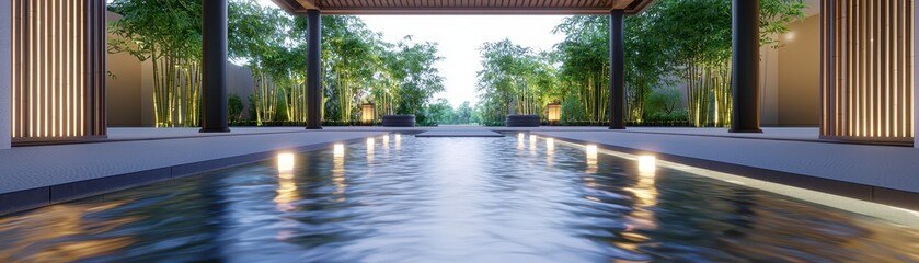 Fototapeta premium Tranquil water reflection modern garden architectural photography serene environment wide angle peaceful concept