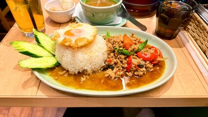 Stir fried Thai basil with minced pork and a fried egg (Pad Ka Praow)