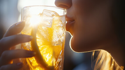 Close-Up of Woman Sipping Iced Tea with Lemon Slice in Sunlit Outdoor Setting