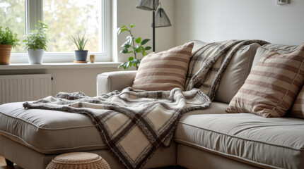 A cozy warm blanket casually lies on a soft sofa in the room