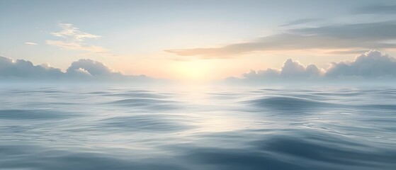 Fototapeta premium A tranquil seascape at dawn, showcasing calm waters with gentle waves reflecting soft pastel colors from the sky, creating a peaceful and serene atmosphere.