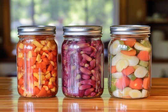 Three glass jars containing different types of vegetables
