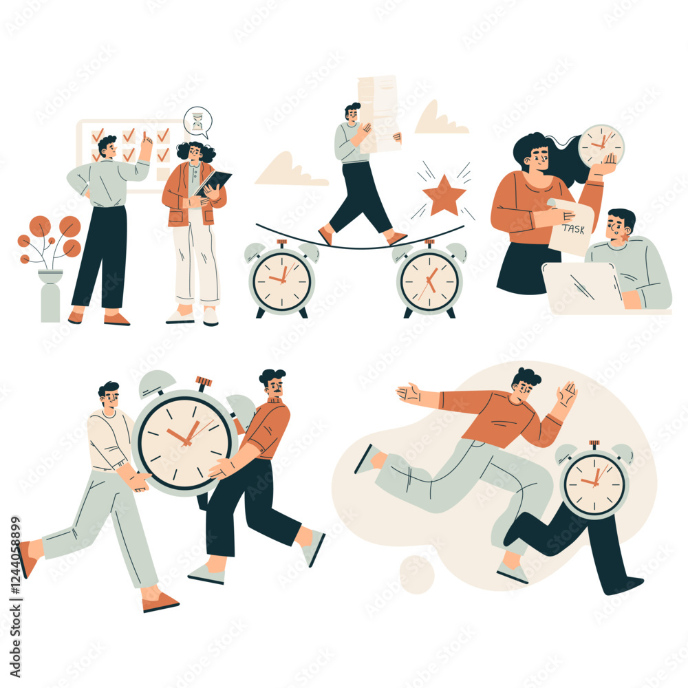 Poster Time Management with Man and Woman Organizing Efficient Business Process Vector Set