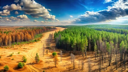 Obraz premium Aerial View of a Sandy Path Dividing Lush Green and Autumnal Coniferous Forests Under a Dramatic Sky