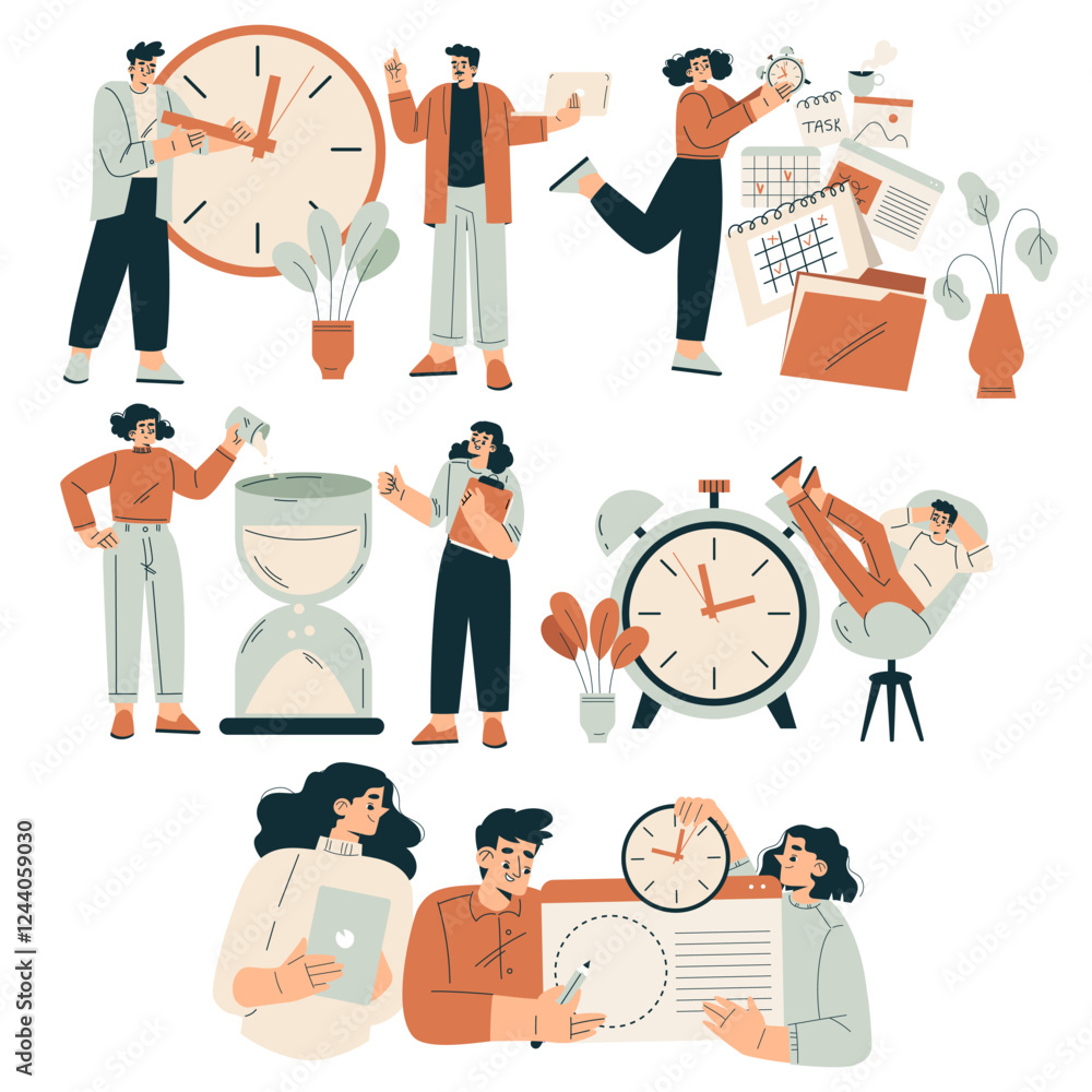 Poster time management with man and woman organizing efficient business process vector set