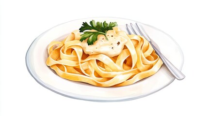 A serving of fettuccine Alfredo, creamy and indulgent, watercolor illustration, soft golden tones, isolated on white background