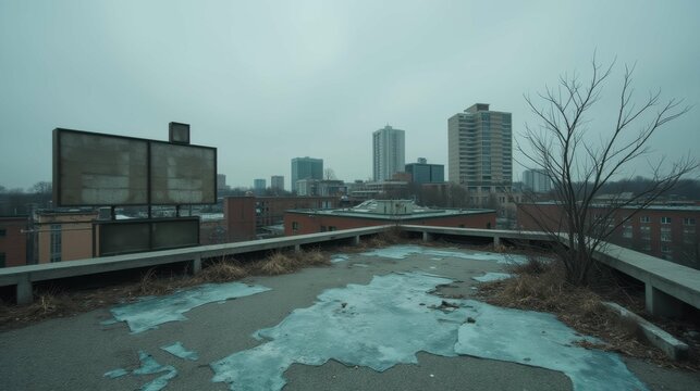 Urban Rooftop View Overlooking Abandoned Cityscape in Foggy Weather