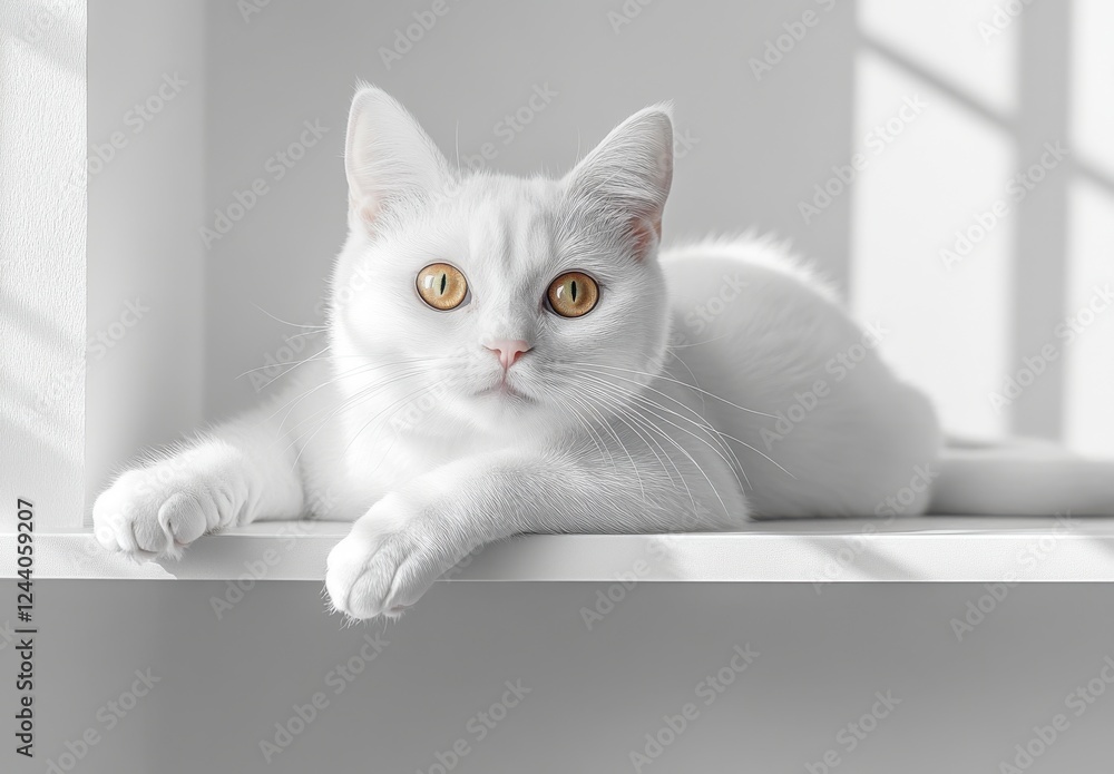 Poster adorable fluffy white cat resting on a white shelf with soft natural light creating gentle shadows i