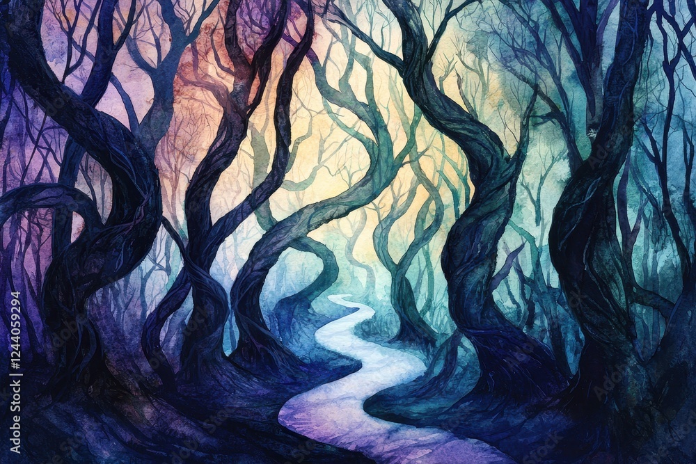 Poster a whimsical forest scene featuring twisted trees and a winding river, illuminated by vibrant colors,