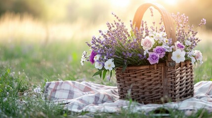 A rustic wooden basket overflowing with freshly-picked lavender