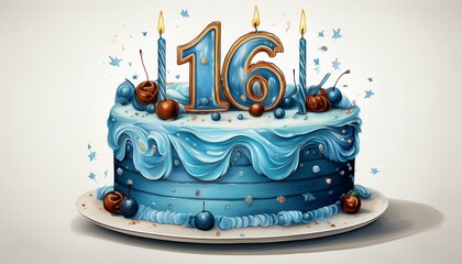 Illustration of decorated blue cake for birthday or anniversary party. Number 16, sixteenth birthday celebration