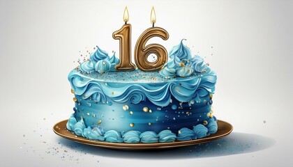 Illustration of decorated blue cake for birthday or anniversary party. Number 16, sixteenth birthday celebration
