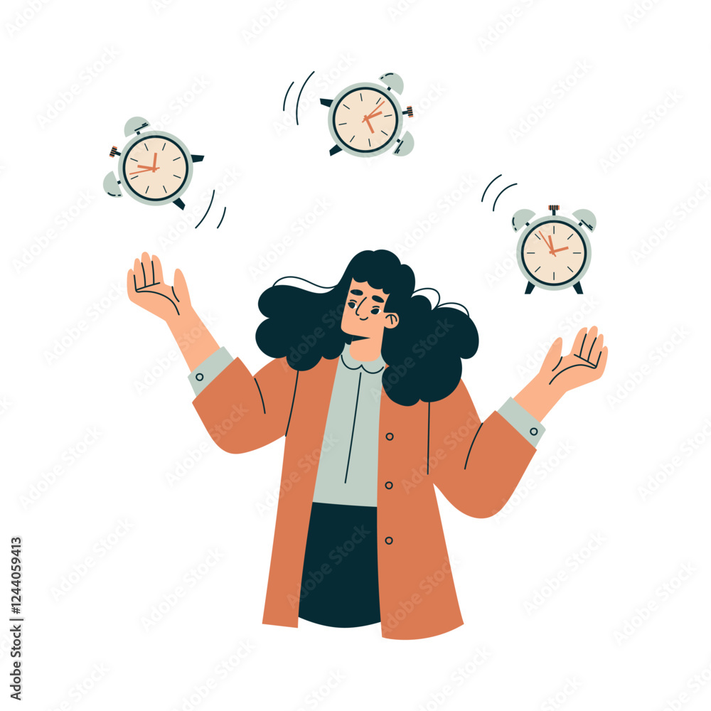 Leinwandbilder time management with woman character juggle clock dial organizing efficient business process vector 