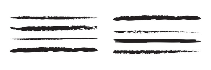 Brush line, charcoal scribble, chalk stroke, crayon mark, black pencil, pen marker, sketch graffiti, paint doodle vector set, grunge effect isolated on white background. Drawing ink illustration
