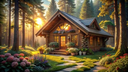 Obraz premium Serene Sunrise Illuminates a Rustic Log Cabin Nestled in a Lush Forest Garden