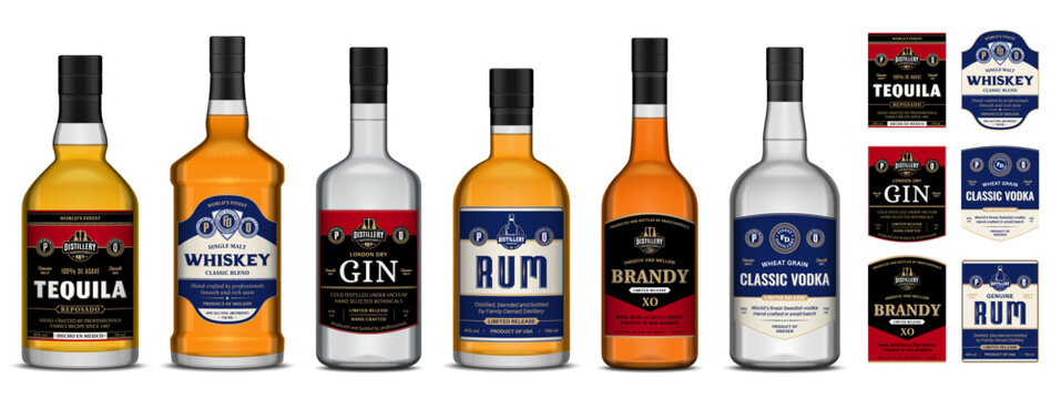 Vector alcoholic drink labels on bottles. Whiskey, vodka, tequila, rum, brandy and gin labels. Distilling industry branding and identity design elements