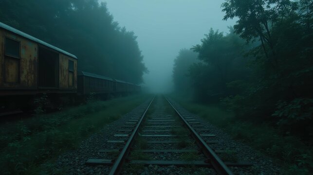 Foggy Railway Tracks Surrounded by Dense Forest and Abandoned Cars