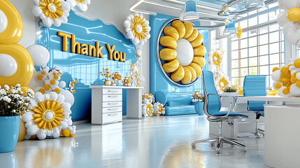 Bright and cheerful office space with Thank You wall, featuring yellow and blue decor, flowers, and balloons, creating vibrant atmosphere for teamwork and celebration