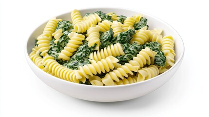 Naklejka premium A serving of fusilli with creamy spinach sauce, vegetarian delight, detailed 3D render, vibrant green and white, isolated on white background